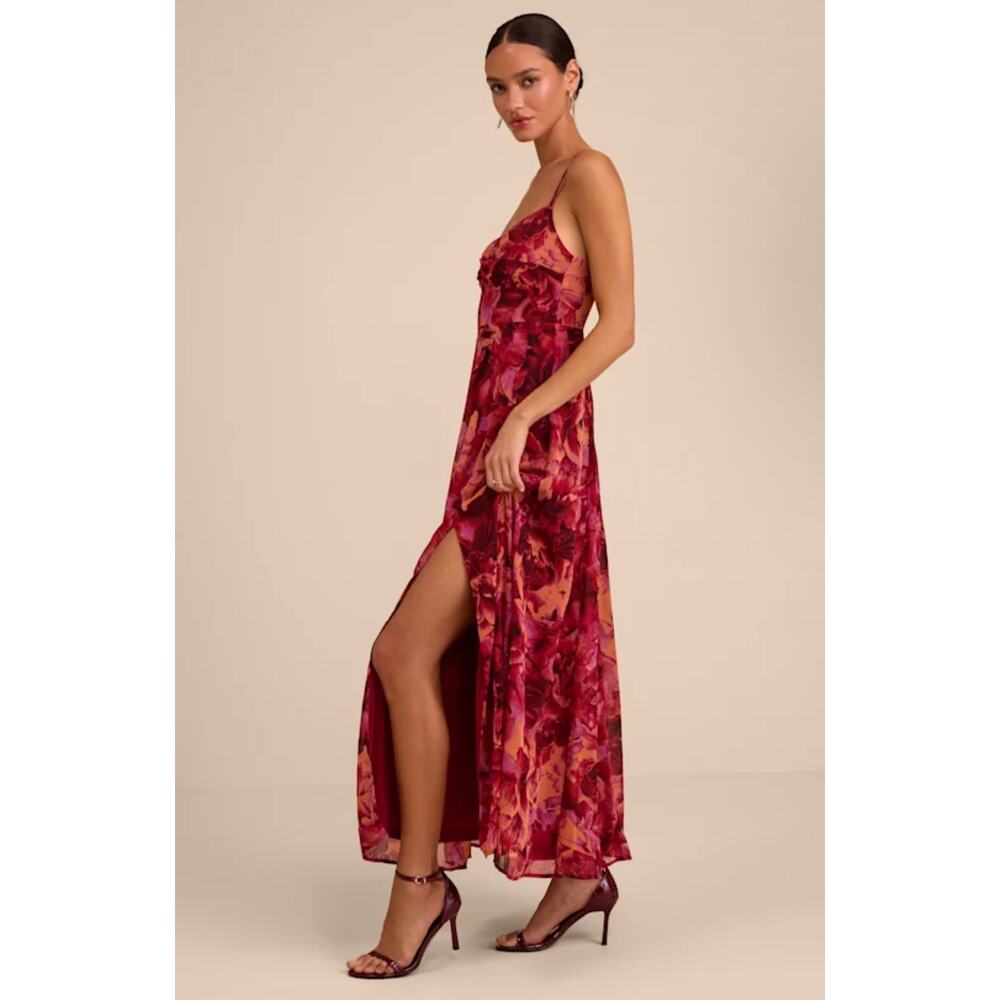 Lulus Beautiful Soul Burgundy Floral Print Twist-Front Maxi Dress S - Picture 4 of 10